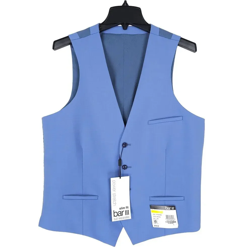 Bar III Mens Slim Fit 3 Piece Suit 38L 33x32 Light Blue Solid Power Stretch Wool